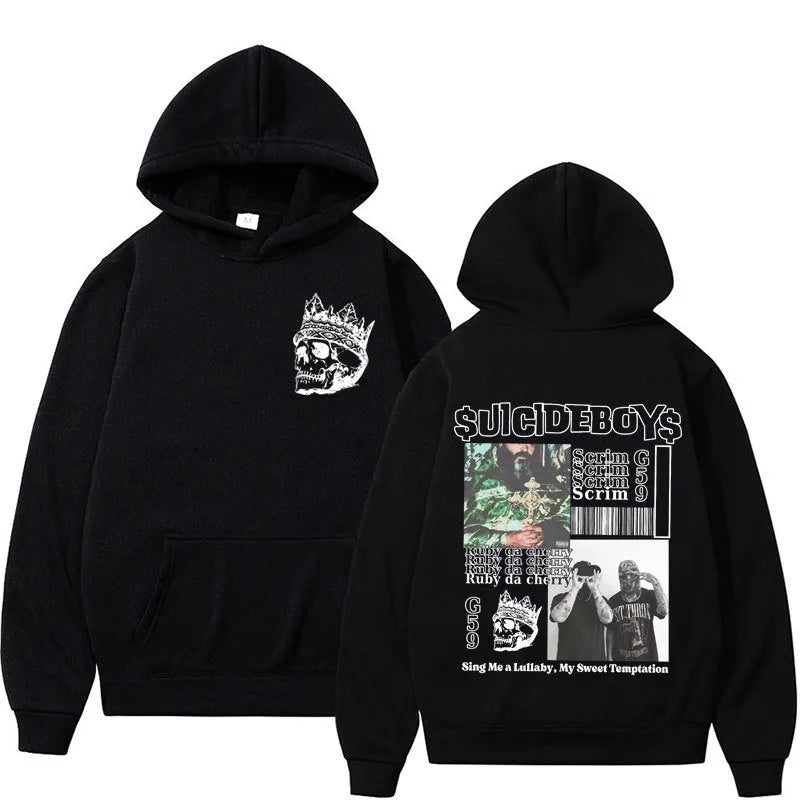 Vintage Suicideboys Hoodie featuring bold graphic designs on front and back, perfect for street fashion in autumn and winter.