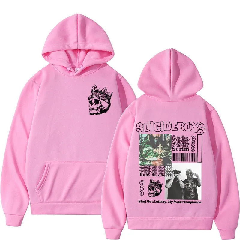 Vintage Suicideboys hoodie in pink with graphic print, perfect for casual street fashion in autumn and winter.