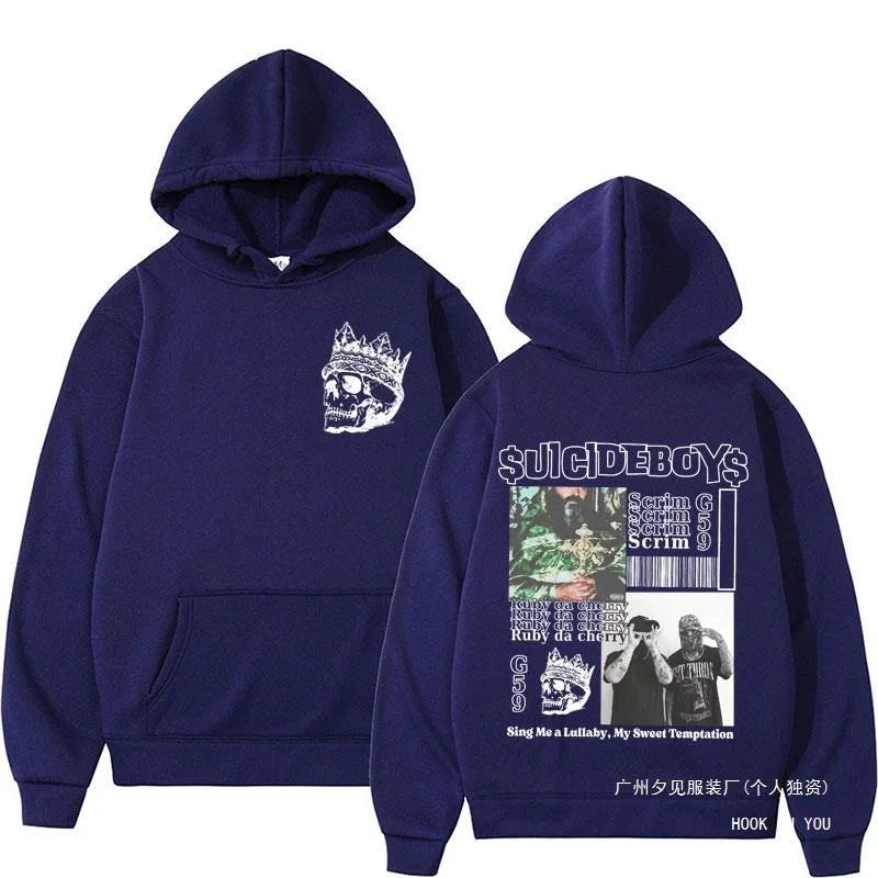 Vintage Suicideboys hoodie featuring front skull design and graphic prints on the back for autumn and winter street fashion.